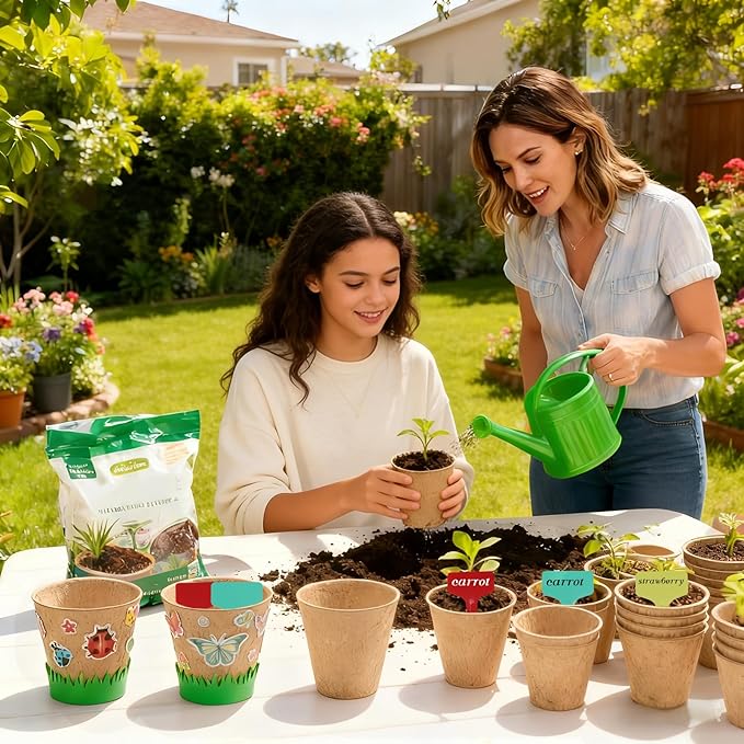 NNG 20 Set Garden Paper Pot Craft Kit,20Pcs Round Paper Mache Pots Peat Plant Pots with 200pcs Adhesive Foam Stickers & 20Pcs Pots Labels,Flower Plant Spring Craft for DIY Flower Planting