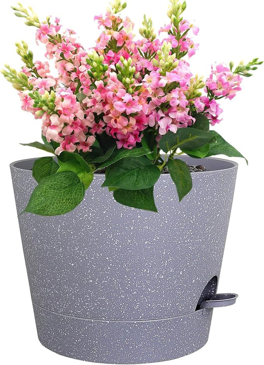 Meowell 12 inch Large Self Watering Pots for Indoor Outdoor Plants, Plant Pots with Mesh Drainage Holes for Garden House Plants, Plastic Planters with Reservoir for Flower, Speckled Grey