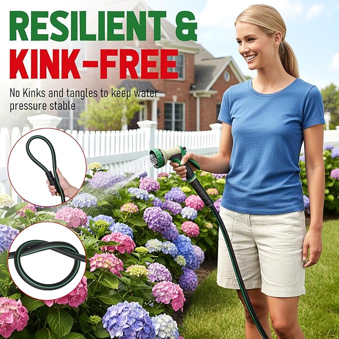 Heavy Duty Garden Hose 50 ft, NON-EXPANDABLE Water Hose with 10 Function Spray Nozzle, Lightweight Kink-less Hybrid Hose with Swivel Handle, Male to Female Fittings