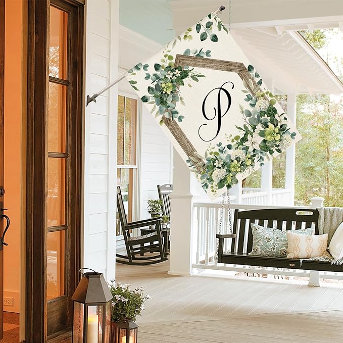 AVOIN colorlife Initial Letter P Monogram House Flag 28x40 Inch Double Sided Outside, Spring Floral Family Last Name Yard Decoration