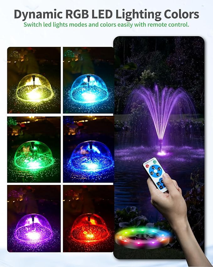 POPOSOAP Pond Fountain with LED Lights, 660GPH Submersible Pump RGB Pond Filter System with Adjustable Height & Water Flow for Garden Pond Fish Tank Day & Night Pond Decoration -P1104D