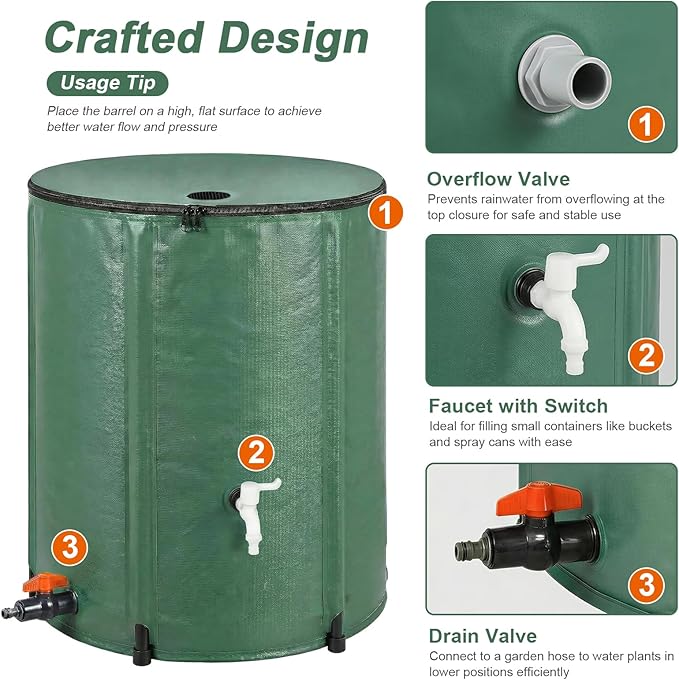 132 Gallon Collapsible Rain Barrel, Foldable Water Storage Tank, 8 Support Rods, ABS Drain Valve & White Faucet, Portable Rainwater Collection System for Garden Irrigation