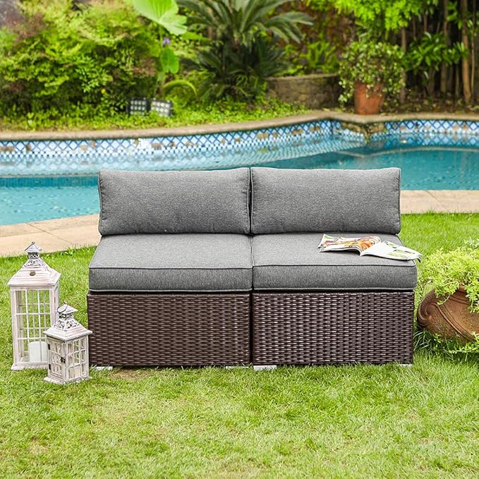 COSIEST 2-Piece Outdoor Furniture Add-on Armless Chairs for Expanding Chocolate Brown Wicker Sectional Sofa Set w Dark Grey Thick Cushions for Garden, Pool, Backyard
