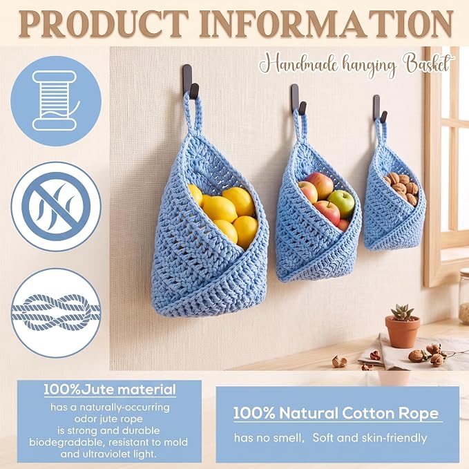 Honeydak 3 Hanging Baskets, Light Blue, Triangle, Cotton Rope | Wicker Wall Baskets with Hooks for Fruit Vegetable Onion Storage, Teardrop Organizer for Kitchen, Boho Farmhouse Decor