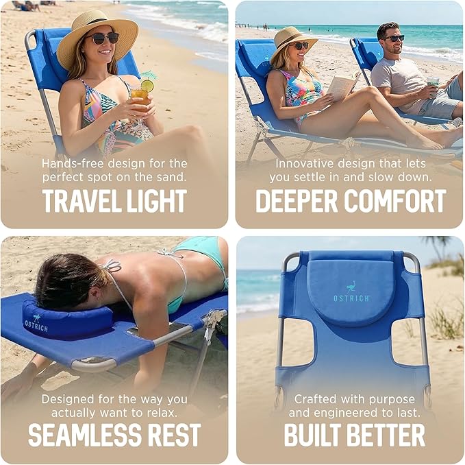 Ostrich the Original Chaise 72 x 22 Inch Lounge Portable Reclining Lounger, Outdoor Patio, Beach, Lawn, Camping, or Pool Tanning Chair, Ocean Blue