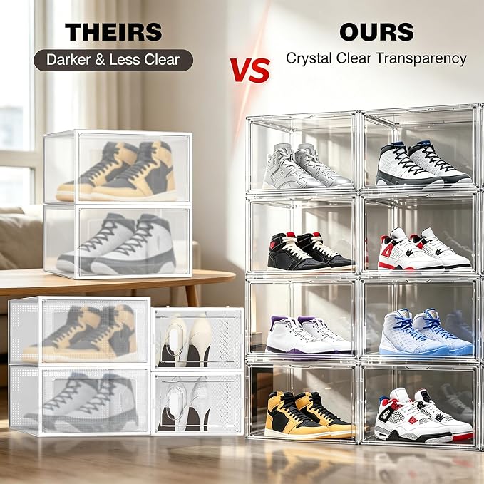12 Pack Clear High-Top Sneaker Storage Boxes, Acrylic Shoe Organizer