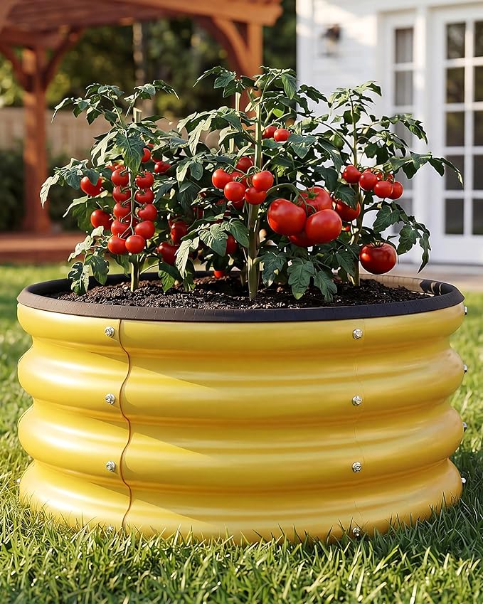 2 x 2 x 1 ft Round Raised Garden Bed, Yellow 1 Pack 0.6 mm Thick Galvanized Steel Planter Box with Double Layer Paint and Safety Edge Trim for Vegetables Flowers Herbs Outdoor Garden