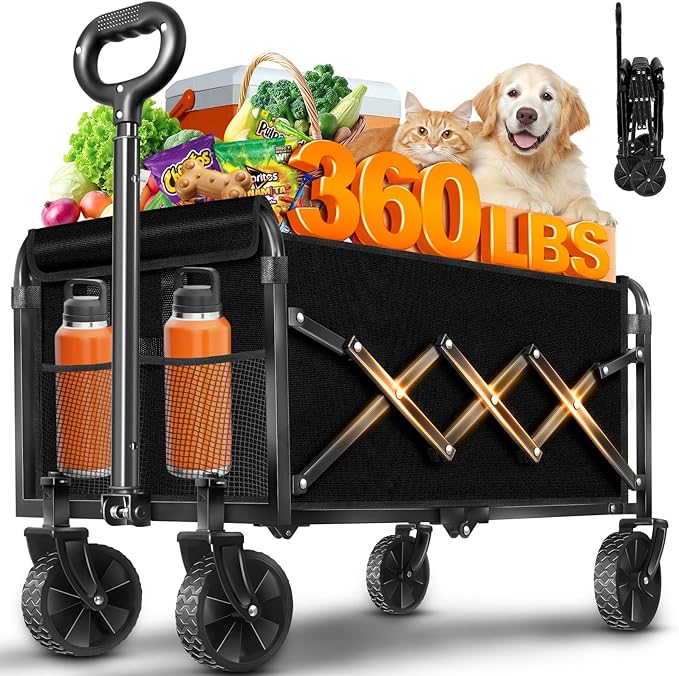 Wagons Carts Foldable, Collapsible Folding Wagon, Portable Folding Wagon Cart with Wheels, Outdoor Utility Carts for Groceries, Camping, Sports, Shopping, Black