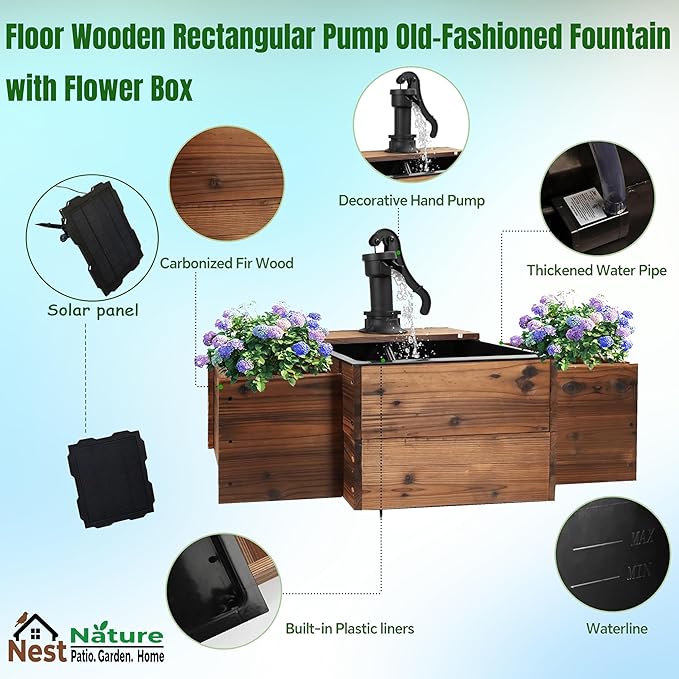 NestNature Outdoor Water Fountain,Floor Wooden Rectangular Pump Old-Fashioned Fountain with Flower Box, Solar-Powered Electric Decorative Hand Pump, Outdoor Water Feature for Garden Patio Backyard
