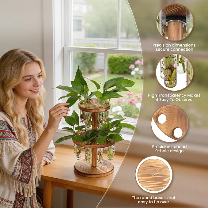 Plant Propagation Station, Plant Terrarium With Wooden Stand, 15 Tube Vases | Retro Rotation Plant Stand for Hydroponics Home Garden Office Decor, Unique Gardening Birthday Gifts for Women Plants Lovers