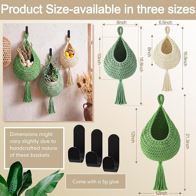 Honeydak 3 Hanging Baskets, Sage Color Palette, Tassel, Cotton Rope | Wicker Wall Baskets with Hooks for Fruit Vegetable Onion Storage, Teardrop Organizer for Kitchen, Boho Farmhouse Decor