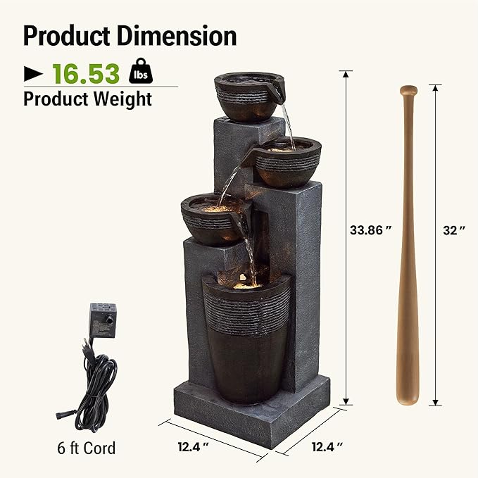 34-Inch Outdoor Water Fountain, 4-Tier Cascading Bowls Resin Waterfall Fountain with 3 Warm LED Lights, Rustic Water Feature for Garden, Patio, Deck, Porch, Backyard, Farmhouse in Gray
