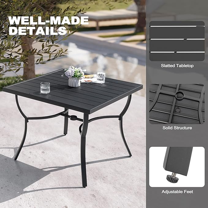 NUU GARDEN 36" Aluminum Slat Top Outdoor Patio Dining Table, 4 Person Square Aluminum Bistro Table with 1.97" Umbrella Hole, Powder Coated Frame Dining Tables for Lawn, Garden and Balcony, Black