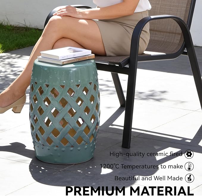 Outsunny 13" x 18" Ceramic Garden Stool with Woven Lattice Design & Glazed Strong Materials Decorative Outdoor Stool, Antique Blue