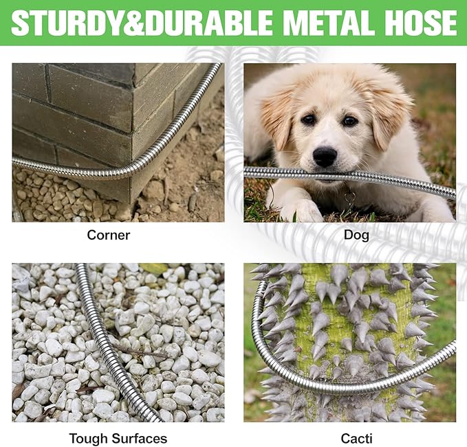 TVKB Metal Garden Hose 25ft Stainless Steel Metal water Hose Super Tough & Flexible Water pipe Lightweight, Crush Resistant Aluminum Fittings, Kink & Tangle Free, Rust Proof