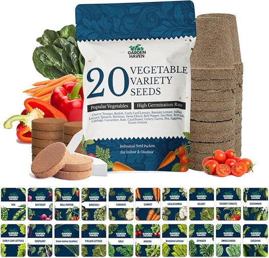 20 Vegetable Seeds Variety Pack - Complete Grow Kit Heirloom Vegetables Indoor Outdoors Vegetable Seeds, Tomatos, Broccoli, Carrots, Lettuce & More - DIY Starter Kit (Complete Starter Kit (w/Seeds))