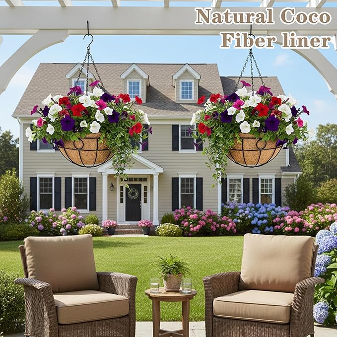 EIMQUVW Outdoor Hanging Planter Set (2 Pack) Durable Hanging Baskets with Coconut Fiber Lining and Chain 12 Inch Black Round Metal Flower Pots for Spring Summer Indoor and Outdoor Decorating