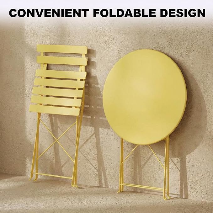 GarveeHome 3-Piece Foldable Bistro Set, Outdoor Patio Furniture with 2 Folding Chairs & 1 Table, Weather-Resistant Indoor/Outdoor Conversation Set for Patio, Yellow