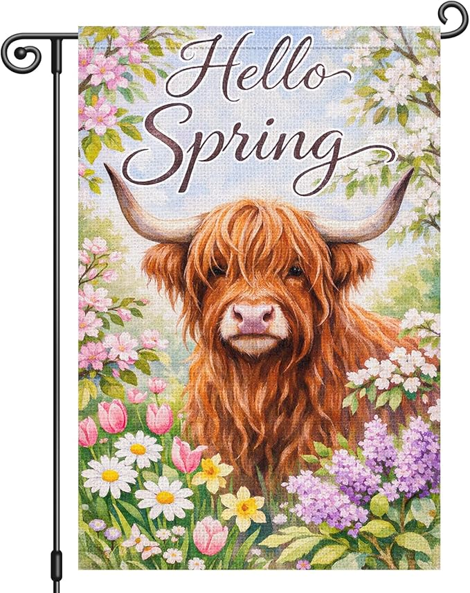Heyfibro Hello Spring Highland Cow Garden Flag 12x18 Inch Double Sided Floral Farmhouse Yard Flag for Outside House Porch Seasonal Spring Outdoor Decorations