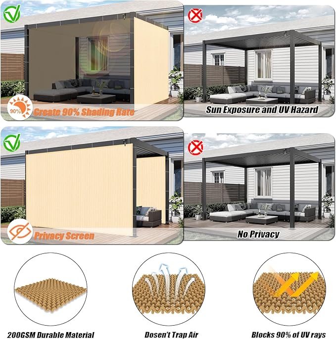 KANAGAWA 90% Sun Shade Cloth 9'X13' Custom Sizes Outdoor Porch Pergola Shade Cover Canopy with Grommets UV Block Privacy Screen for Patio Wheat