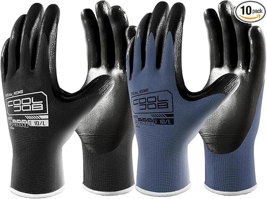 COOLJOB 10 Pairs Nitrile Dipped Safety Work Gloves with Grip, Non-slip Rubber Coated Bulk Garden Gloves for Men, Heavy-duty Oil Resistant for Truck Driver, Warehouse Box Handler, Xlarge, Black Blue