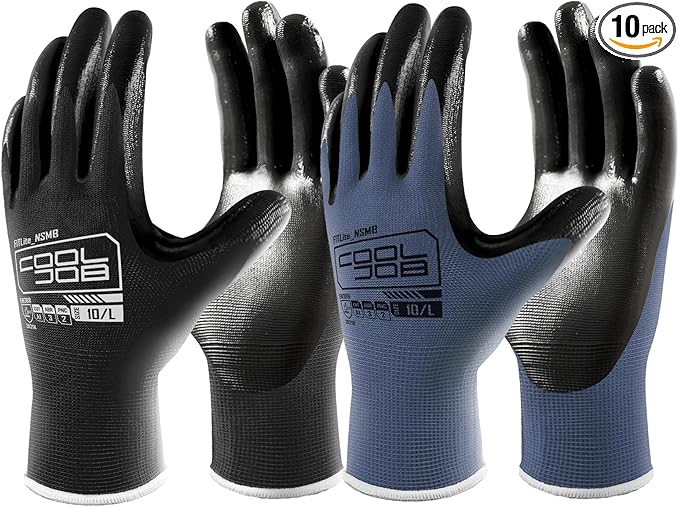 COOLJOB 10 Pairs Nitrile Dipped Safety Work Gloves with Grip, Non-slip Rubber Coated Bulk Garden Gloves for Men, Heavy-duty Oil Resistant for Truck Driver, Warehouse Box Handler, Small, Black Blue