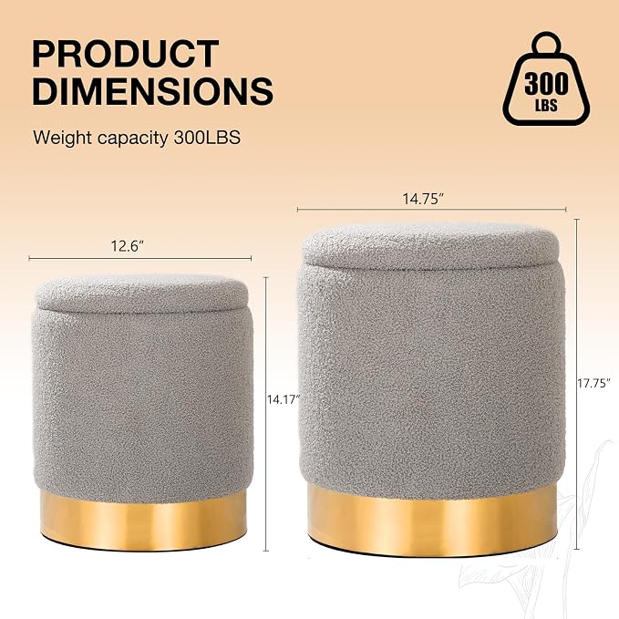 Round Ottoman with Storage Set of 2 Gray Teddy Vanity Stool