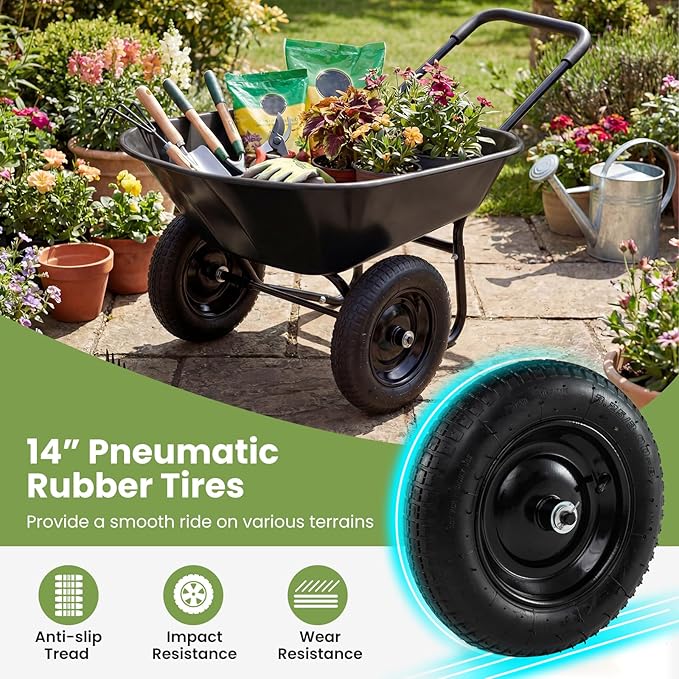 Goplus 2 Wheel Wheelbarrow, Dual Wheel Barrow with 14 inches Pneumatic Rubber Tires, 330 lbs Capacity Garden Yard Cart for Gardening Tool, Moving Soil, Wood, Gravel, Mulch