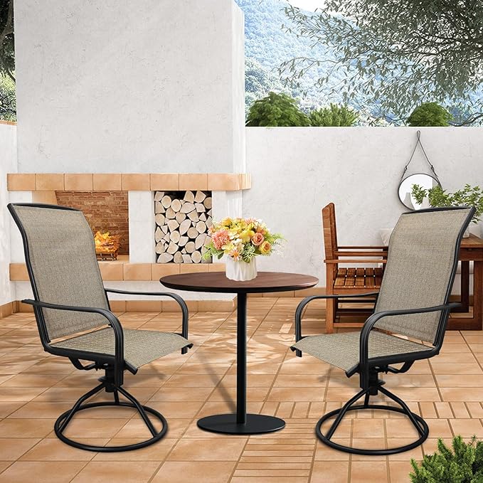 SHGJ&SOFT Patio Swivel Chairs, Waterproof Outdoor Dining Chairs with All-Weather Textilene Mesh for Deck, Garden, and Backyard (Plain Backrest-Brown, Set of 2)