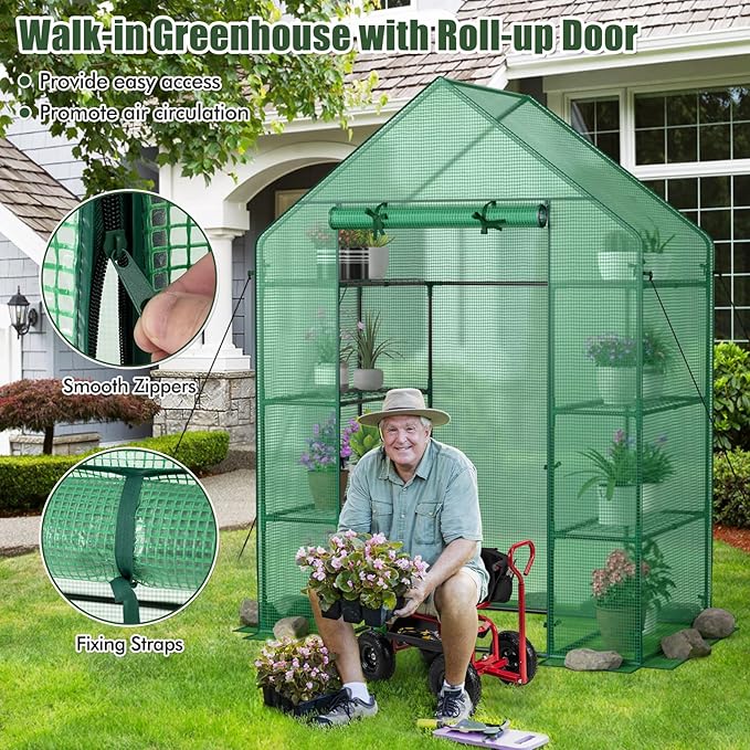 Giantex Walk-in Greenhouse, 4 Tier 8 Shelves, Portable Plant Garden House Indoor Outdoor Mini Growing House for Herb Flower Succulent, Zipped Door, Metal Frame, Patio Lawn Yard
