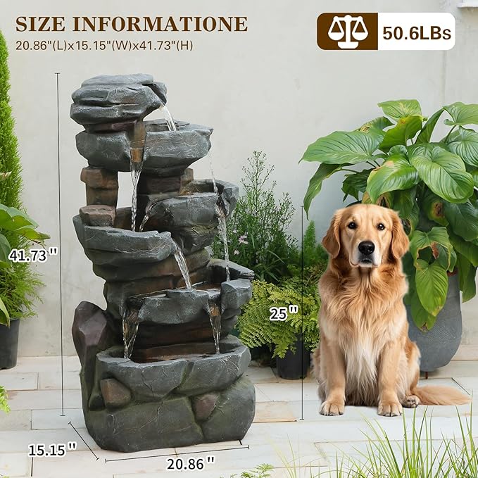 Sunlinua 42" H Outdoor Water Fountain with 5 Tiers Large Cascading Realistic Tree Trunk Waterfall Fountains with LED Lights Outdoor Water Fountain for Garden Patio Backyard Porch Home Decor
