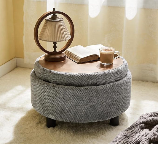 Round Ottoman with Storage, Modern Upholstered Storage Ottoman Coffee Table with Removable Lid Top Tray and Solid Wood Legs for Living Room, Bedroom, Dorm, 25 Inch