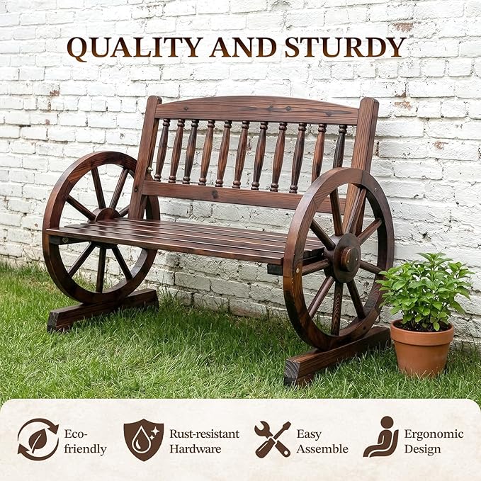Outvita 41'' Outdoor Wooden Bench, 2-Person Rustic Wagon Wheel Bench with Slatted Seat and Carbonized Fir Wood Construction, Weather-Resistant Garden Bench for Patio, Porch and Backyard(Dark Brown)