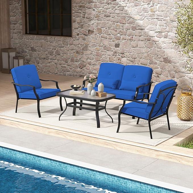 Tangkula Metal Patio Chairs Set of 4, Outdoor Dining Chairs with Seat & Back Cushions, Heavy-Duty Metal Frame, Ergonomic Patio Sofa Chair for Yard Garden Balcony Poolside (Blue)