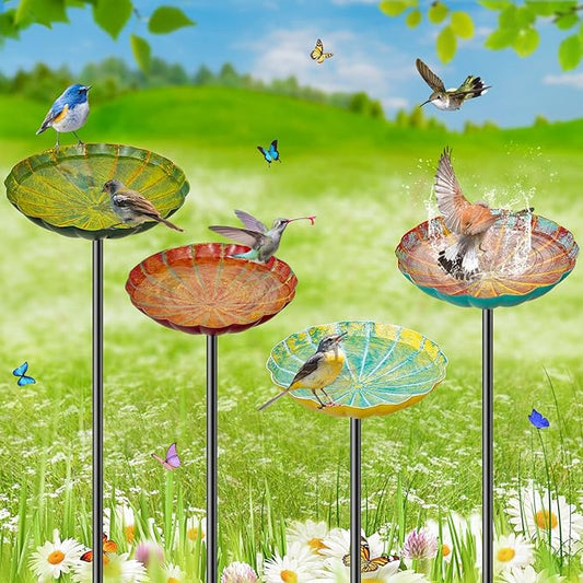 Metal Flower Bird Bath for Outside, Small Hummingbird Bath Bowl Detachable Birdfeeder Bowl Garden Decor for Outdoor Yard Lawn (4PCS-Flowers)