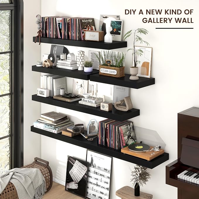 36 Inch Floating Shelves for Wall, 12"D Wood Storage Shelves, Black Finish