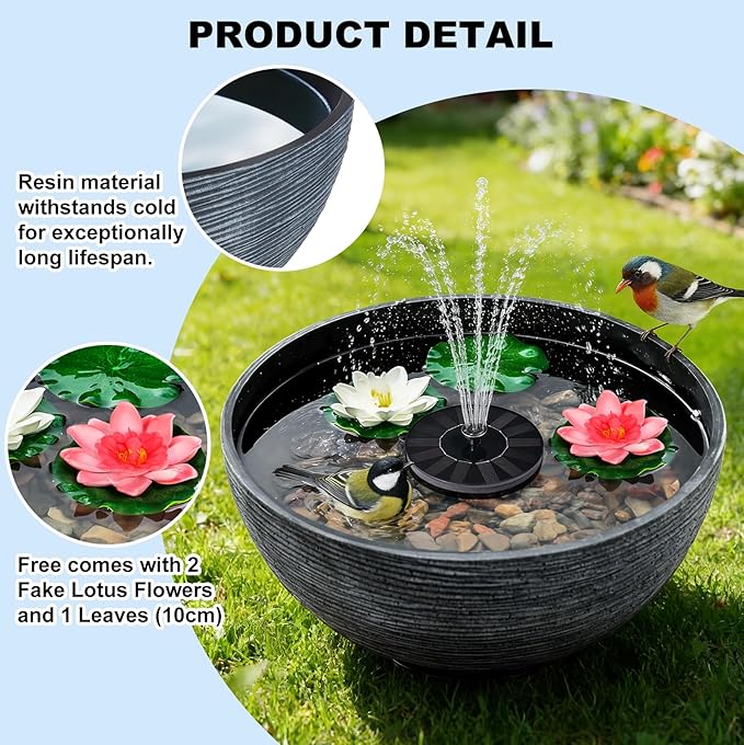 Solar Fountain Bird Bath Set, 15.7in Resin Lotus Bowl with 5.11in Solar Fountain Panel & 3 Fake Lotus Flowers, Durable Outdoor Garden Decor, Water Fountain for Birds, Patio & Yard