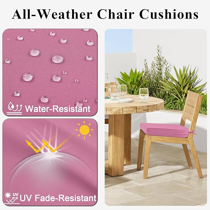 Topotdor Outdoor Chair Cushions for Patio Furniture,Waterproof Patio Chair Cushions Set of 2,Indoor/Outdoor Round Corner Chair Seat Cushion with Ties,18"x18"x3" Pink