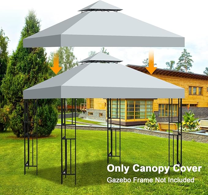 10x10 Gazebo Replacement Canopy, Double Tiered Canopy Cover Top with Ventilation, Heavy Duty 300D Polyester Waterproof Outdoor Gazebo Roof for Patio Garden Yard (Grey, Flat Edge)