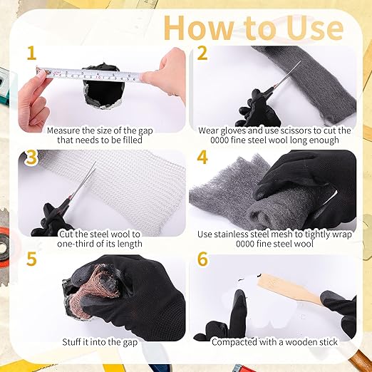 Copper Mesh Rodent Control Kit 1 Pack Rustproof Mesh Roll and 0000 Steel Wool Mouse Hole Filler with Gloves, Scissors for House Garden Home Garage(5in X 29.5ft)