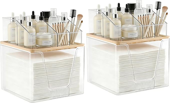 SPOSPO 2 in 1 Disposable Facial Towel Holder and Cosmetic Organizer | Clear Storage with Bamboo Lid Compatible with Clean Skin Club Towel XL, Vanity Organizer for Bathroom Vanity Counter (2 Pack)