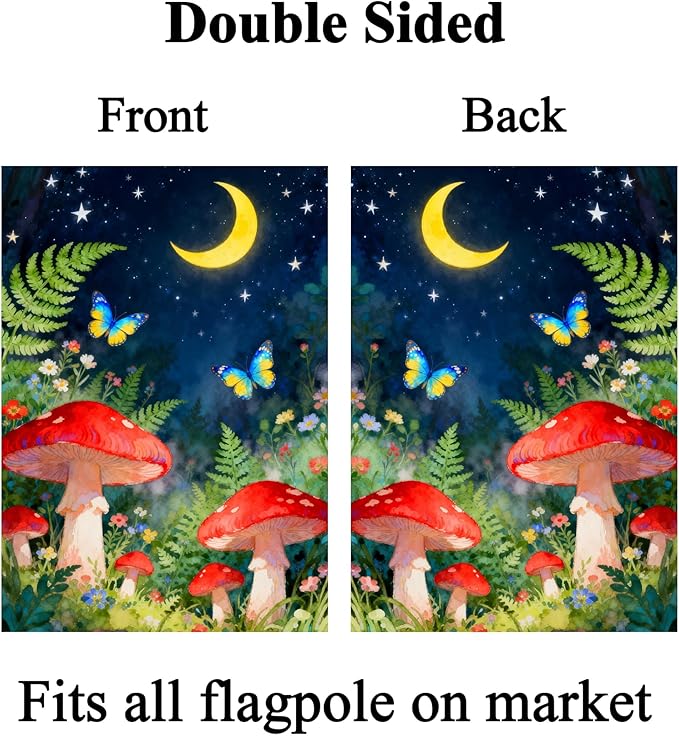 Fantasy Forest Night Fairy Moon Star Mushroom Butterfly Flowers House Flag 28" x 40" Double Sided Polyester Welcome Large Yard Garden Flag Banners for Patio Lawn Home Outdoor Decor