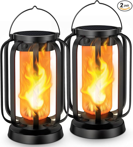 Hompavo Gen2 Solar Lanterns Outdoor Lights with Ultra-Real Flame, 2 Charging (USB/Solar) & 2 Modes - Waterproof Decorative Hanging/Table Lights for Pathway Yard Patio Garden Decor Gifts for Women, 2