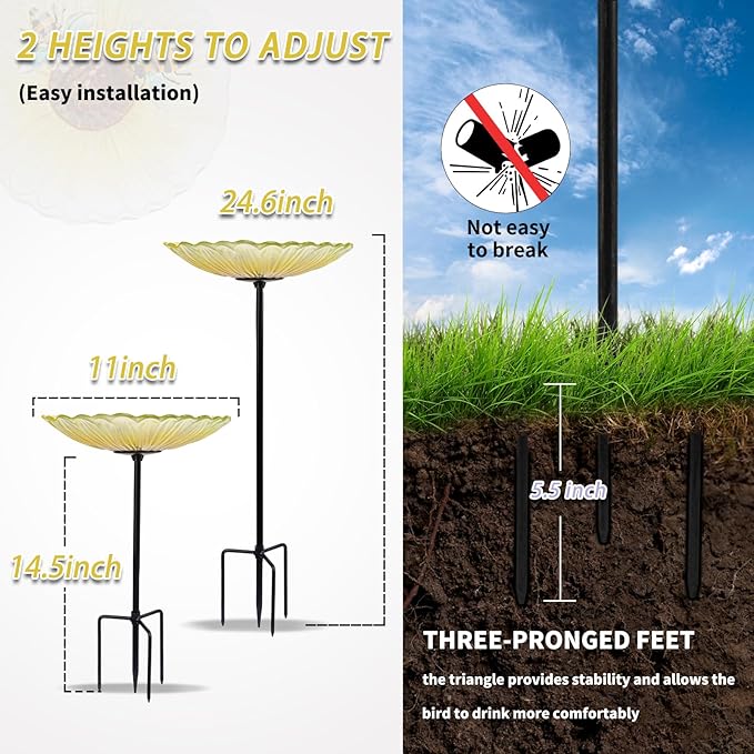 MUMTOP Bird Baths for Outdoors, Glass Bird Bath Stake, Bee Birdbaths & Support, Bee Baths for Garden, Outside, Lawn, Outdoor Decor