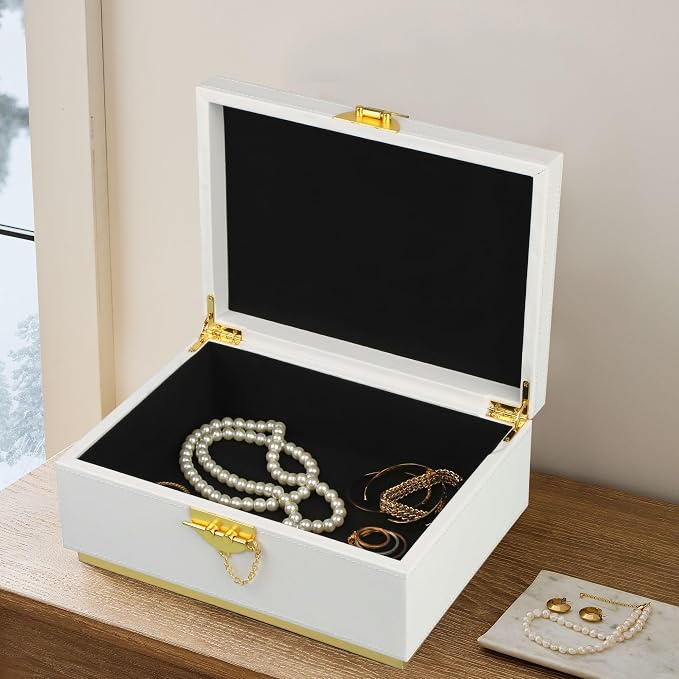 HofferRuffer Elegant Faux Leather Decorative Box, Storage Jewelry Box Organizer, Large Dresser Cosmetic Organizer Holder, Classic Jewelry Accessory Organizer, 11x8x4.8 inches (White)