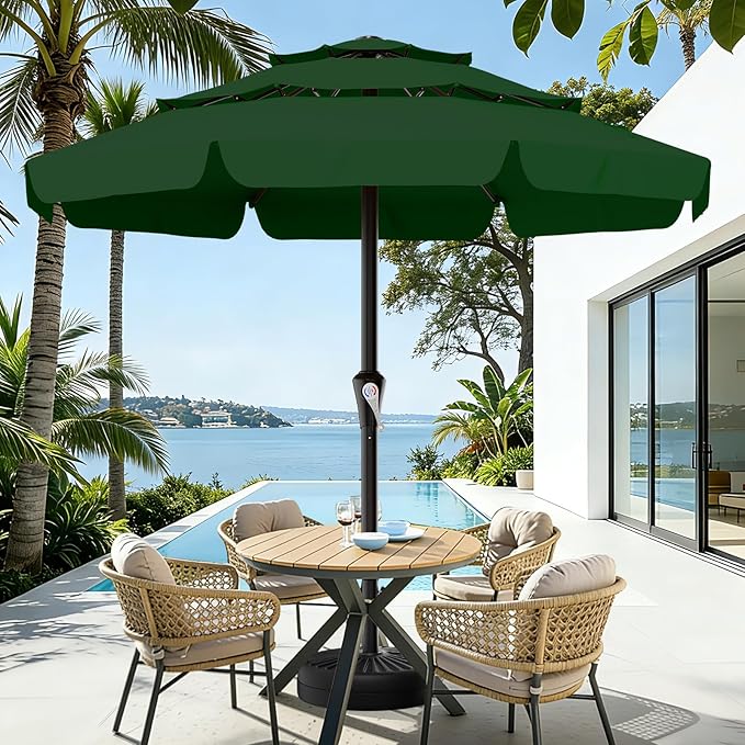 AreShark 11FT 3-Tiers Patio Umbrella with Valance, Outdoor with Crank, Large Outdoor Market Umbrellas Vented with 8 Sturdy Ribs, Patio Table Umbrellas for Garden, Deck, Backyard, Pool, Dark Green