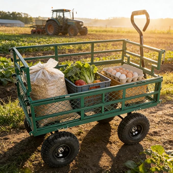 Steel Garden Cart 600 lbs Capacity Heavy Duty Garden Wagons,with Removable Steel Mesh Sides to Convert into Flatbed,Utility Metal Wagon w/ 180°Rotating Handle (Green-Pneumatic-Double Height)