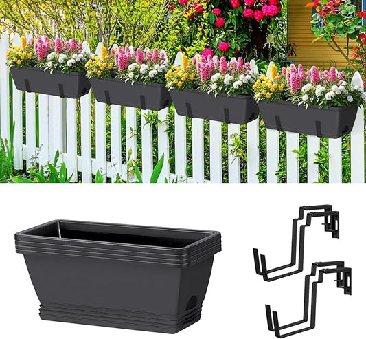 smusei 4 Pack 17 Inch Deck Railing Planter Boxes Window Boxes Planters Adjustable Balcony Planters Railing Hanging, Rectangular Fence Deck Rail Planter for Outdoor Plants Flower Pots Herb