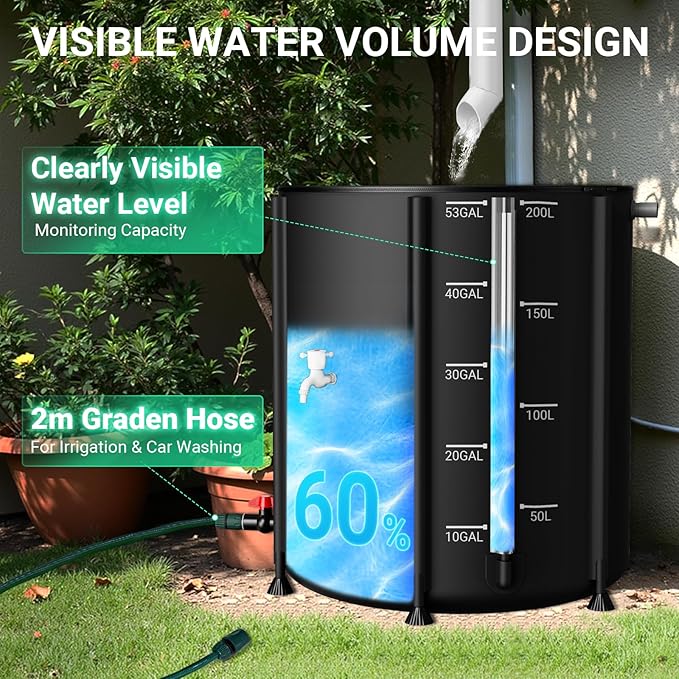 SKM 53 Gallon Collapsible Rain Barrel, PVC Rainwater Collection System Water Tank Storage, Portable Rain Water Collection Barrel for Outside/Lawn/Garden, Container with Overflow Kit & Spigot, Black