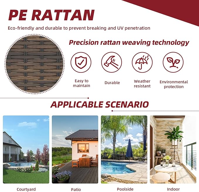 MELLCOM 3 Pieces Patio Furniture Set, Outdoor Swivel Rocker Patio Chairs, Wicker Patio Bistro Set with Rocking Chair, Thickened Cushions and Glass Coffee Table for Backyard, Garden, Wine Red